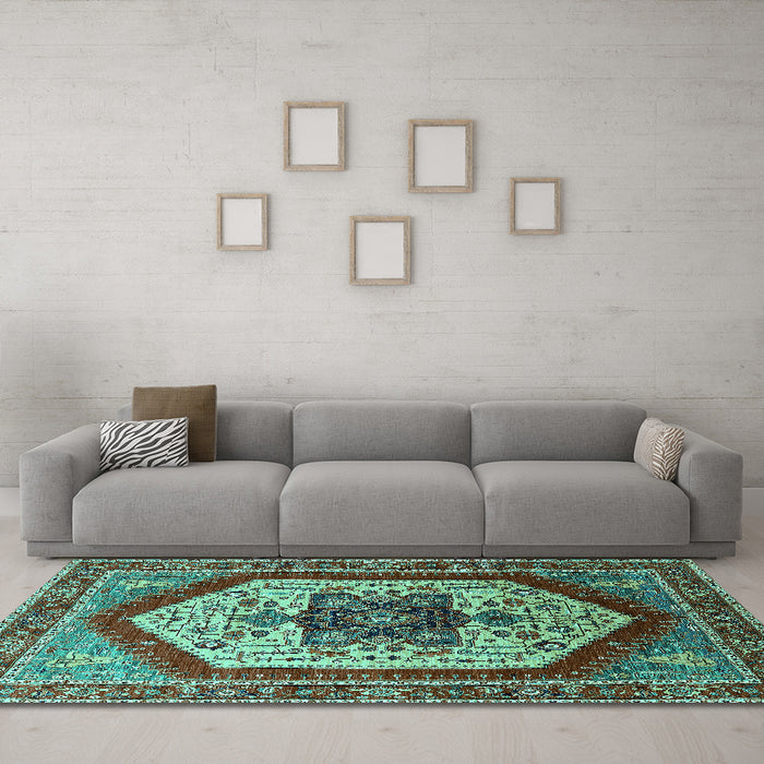 Machine Washable Oriental Turquoise Industrial Area Rugs in a Living Room,, wshurb1794turq