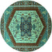 Round Machine Washable Oriental Turquoise Industrial Area Rugs, wshurb1794turq