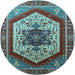 Round Machine Washable Oriental Light Blue Industrial Rug, wshurb1794lblu