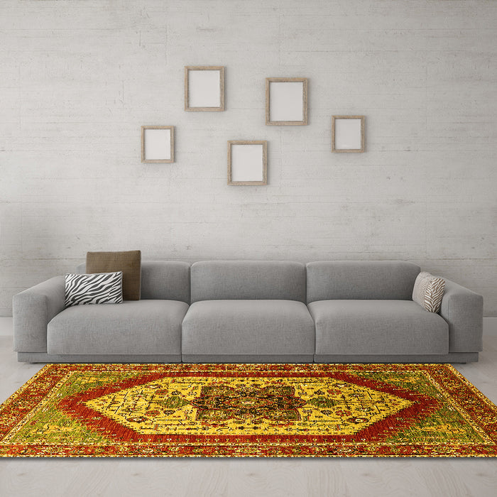 Machine Washable Oriental Yellow Industrial Rug in a Living Room, wshurb1794yw