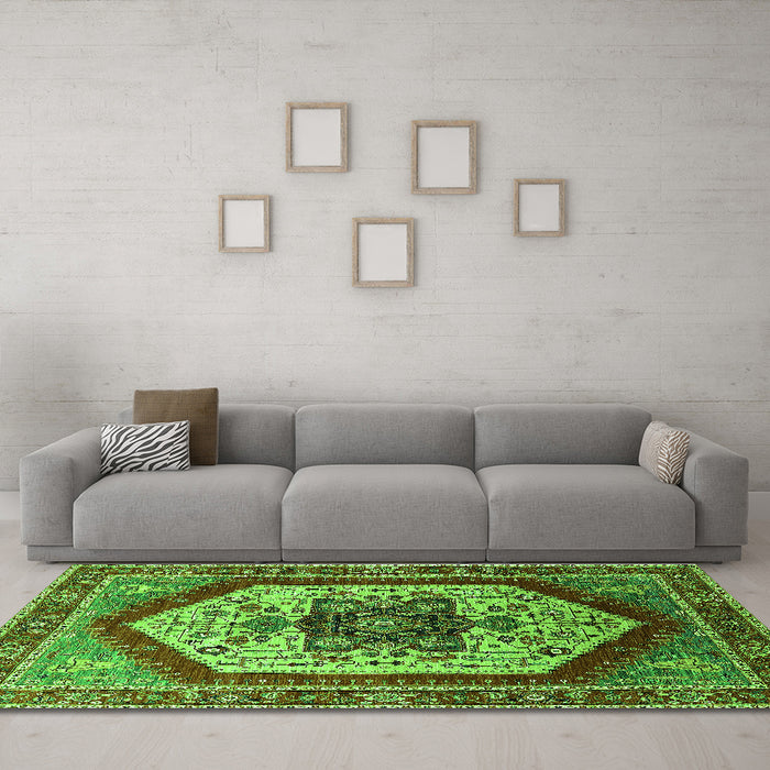 Machine Washable Oriental Green Industrial Area Rugs in a Living Room,, wshurb1794grn