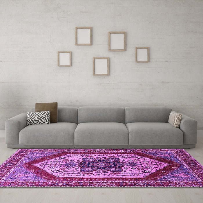 Machine Washable Oriental Purple Industrial Area Rugs in a Living Room, wshurb1794pur