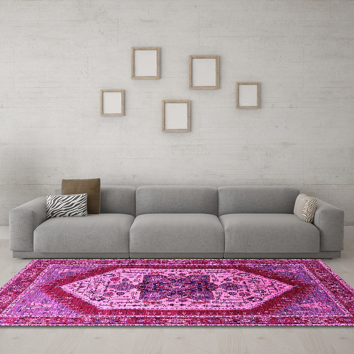 Machine Washable Oriental Pink Industrial Rug in a Living Room, wshurb1794pnk