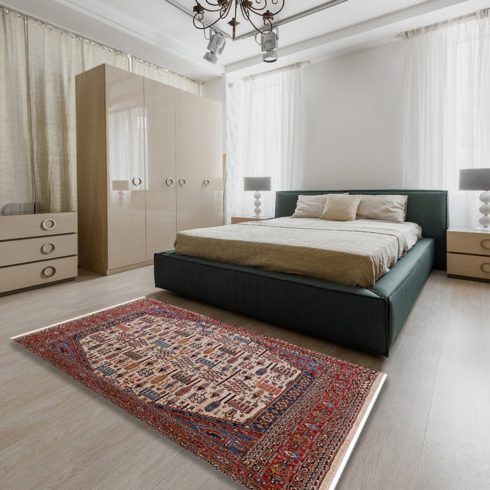 Machine Washable Industrial Modern Light French Beige Brown Rug in a Bedroom, wshurb1795