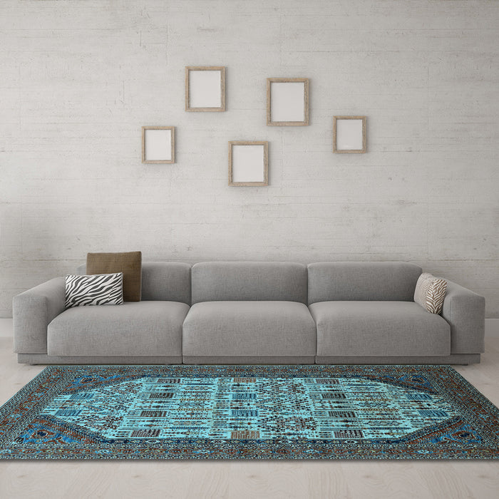 Machine Washable Oriental Light Blue Industrial Rug in a Living Room, wshurb1795lblu