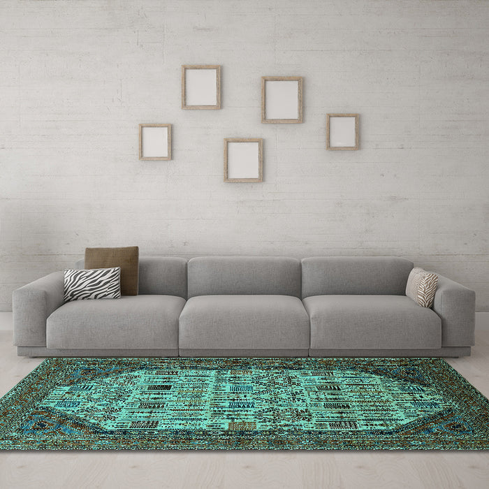 Machine Washable Oriental Turquoise Industrial Area Rugs in a Living Room,, wshurb1795turq