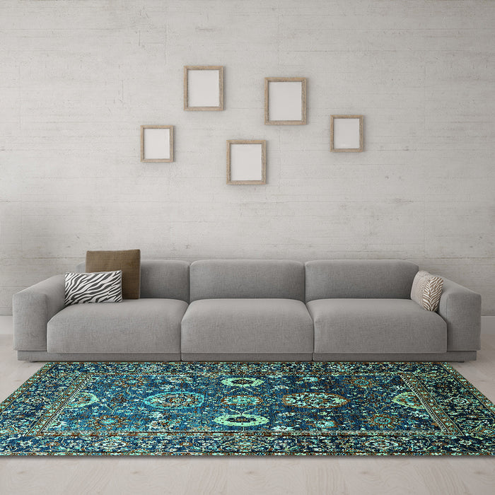 Machine Washable Oriental Turquoise Industrial Area Rugs in a Living Room,, wshurb1796turq