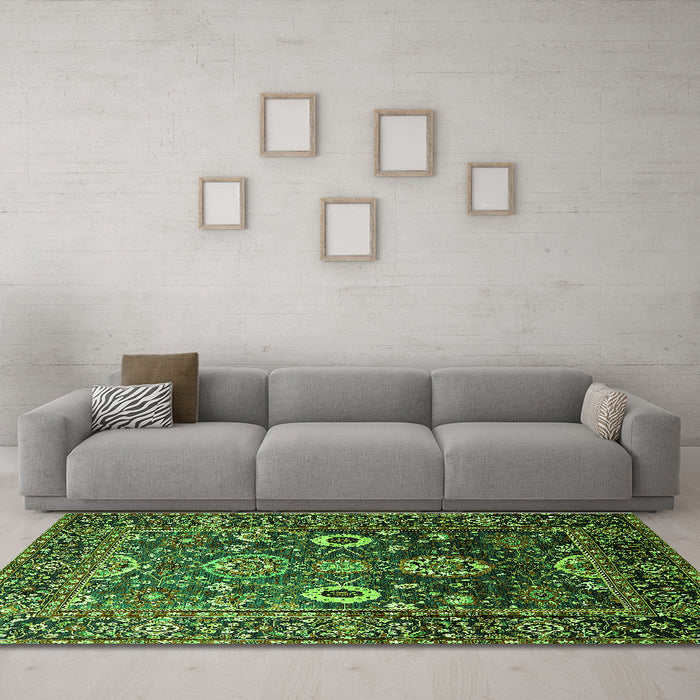 Machine Washable Oriental Green Industrial Area Rugs in a Living Room,, wshurb1796grn