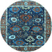 Round Machine Washable Oriental Light Blue Industrial Rug, wshurb1797lblu