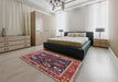 Mid-Century Modern Burgundy Red Oriental Rug in a Bedroom, urb1797