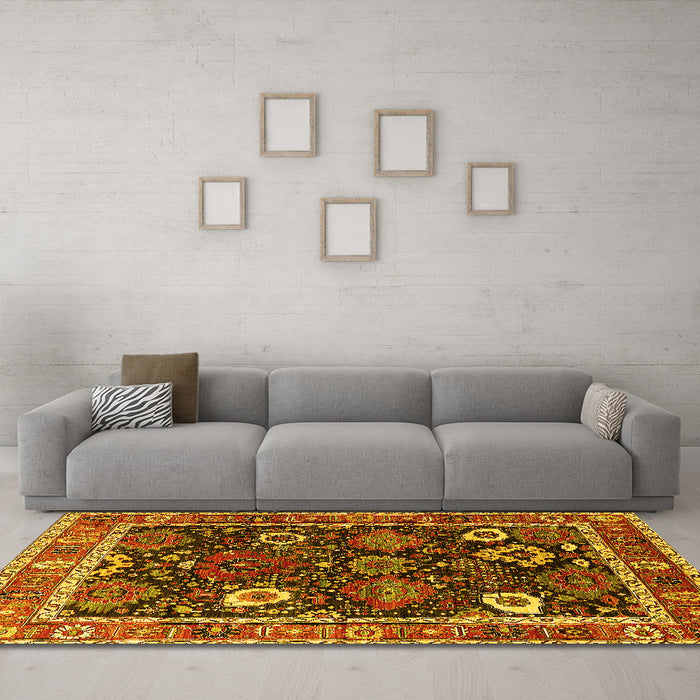 Machine Washable Oriental Yellow Industrial Rug in a Living Room, wshurb1797yw