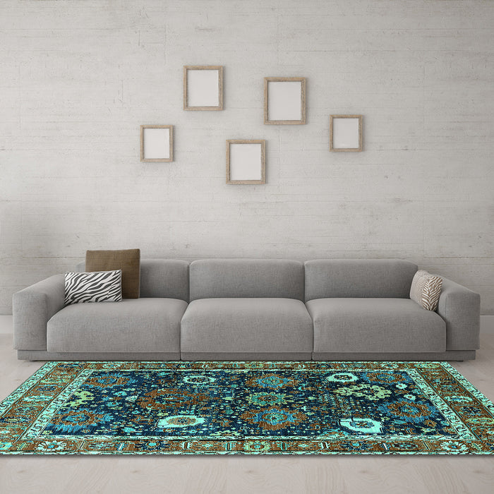 Machine Washable Oriental Turquoise Industrial Area Rugs in a Living Room,, wshurb1797turq