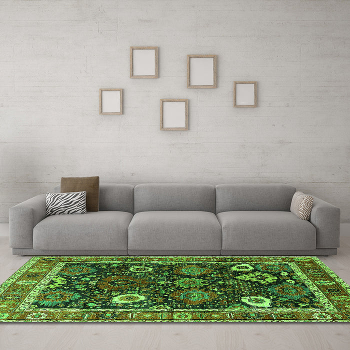 Machine Washable Oriental Green Industrial Area Rugs in a Living Room,, wshurb1797grn
