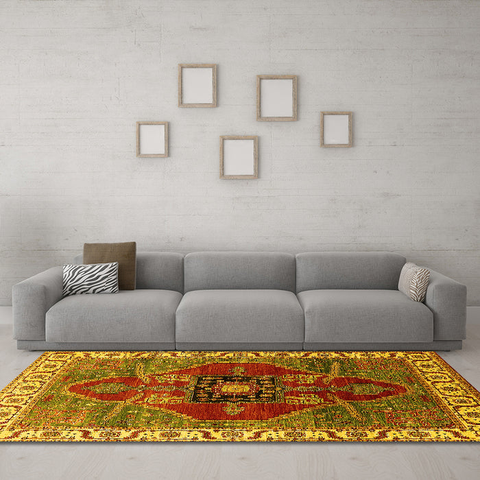 Machine Washable Oriental Yellow Industrial Rug in a Living Room, wshurb1798yw