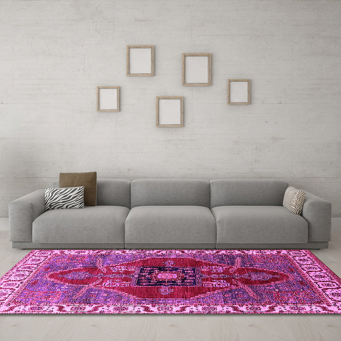 Machine Washable Oriental Pink Industrial Rug in a Living Room, wshurb1798pnk