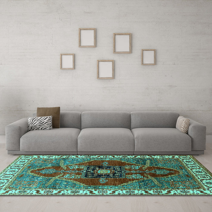 Machine Washable Oriental Turquoise Industrial Area Rugs in a Living Room,, wshurb1798turq