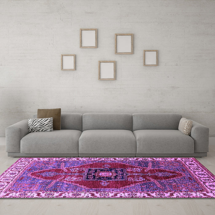 Machine Washable Oriental Purple Industrial Area Rugs in a Living Room, wshurb1798pur