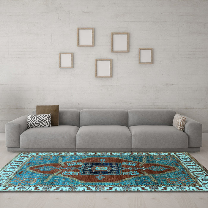 Machine Washable Oriental Light Blue Industrial Rug in a Living Room, wshurb1798lblu