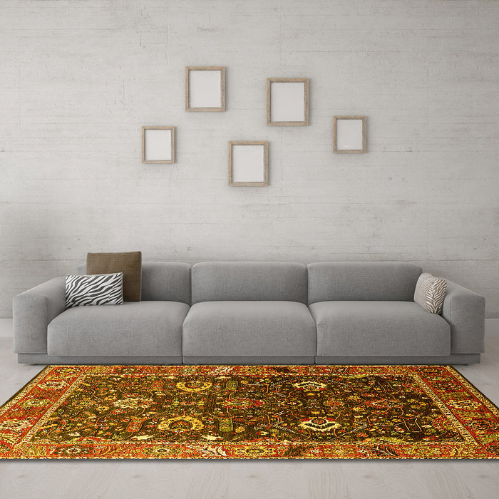 Machine Washable Oriental Yellow Industrial Rug in a Living Room, wshurb1799yw