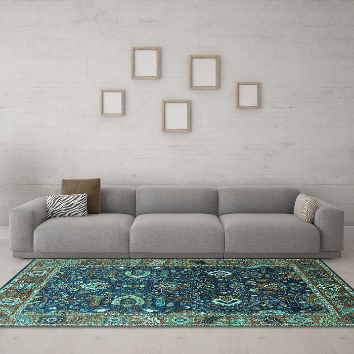 Machine Washable Oriental Turquoise Industrial Area Rugs in a Living Room,, wshurb1799turq