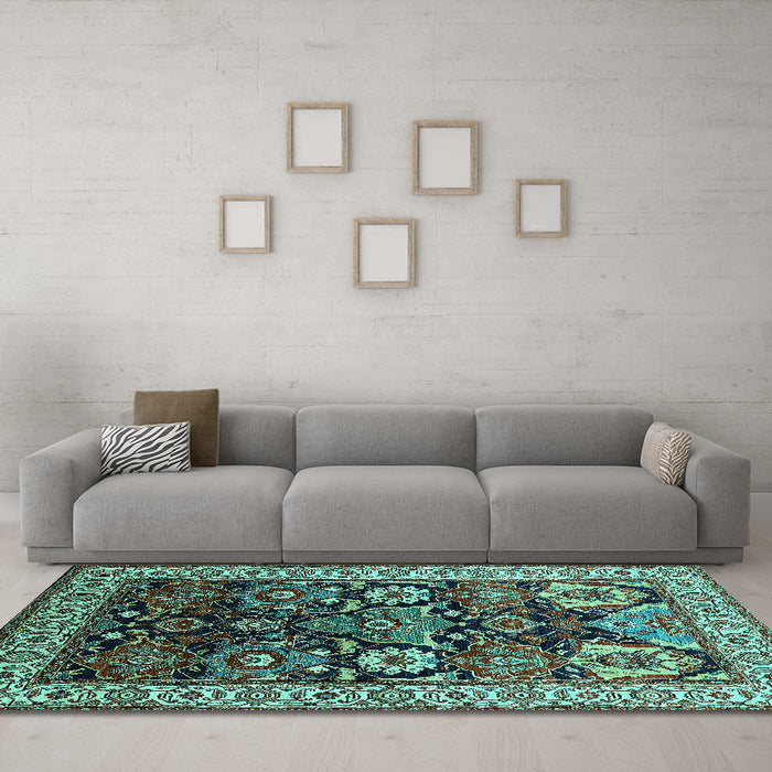 Machine Washable Oriental Turquoise Industrial Area Rugs in a Living Room,, wshurb1801turq