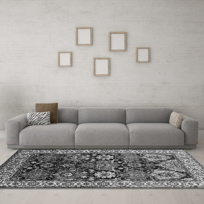 Machine Washable Oriental Gray Industrial Rug in a Living Room,, wshurb1801gry