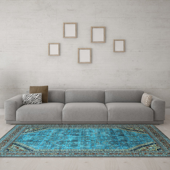 Machine Washable Oriental Light Blue Industrial Rug in a Living Room, wshurb1802lblu