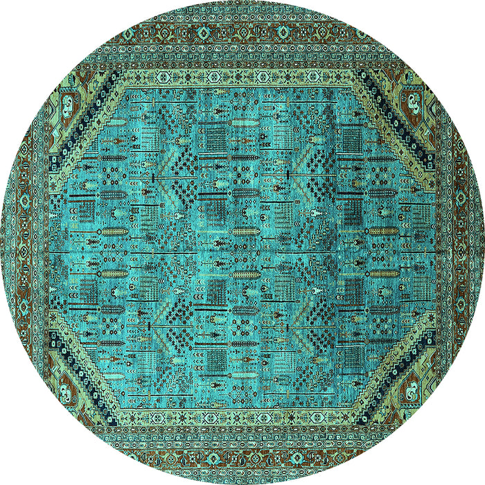 Round Machine Washable Oriental Turquoise Industrial Area Rugs, wshurb1802turq