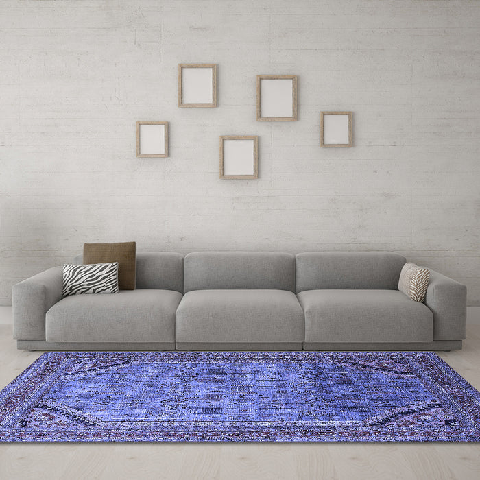 Machine Washable Oriental Blue Industrial Rug in a Living Room, wshurb1802blu