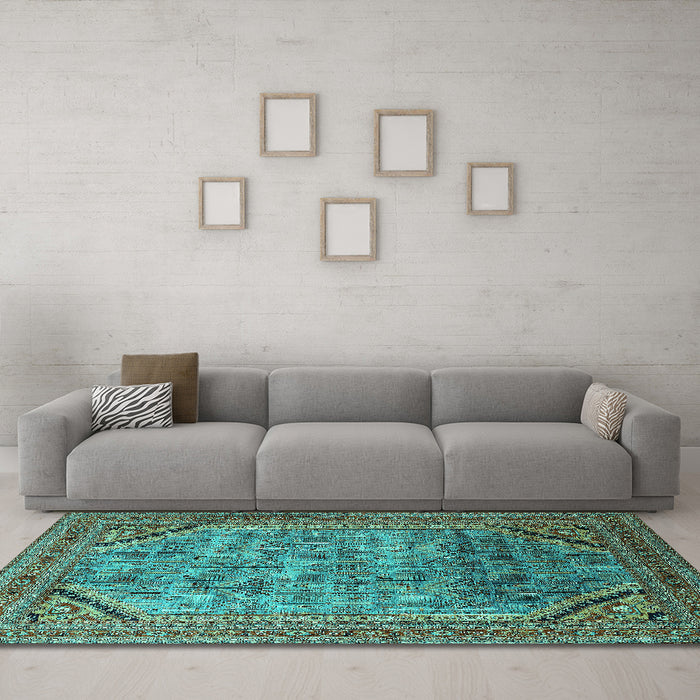 Machine Washable Oriental Turquoise Industrial Area Rugs in a Living Room,, wshurb1802turq