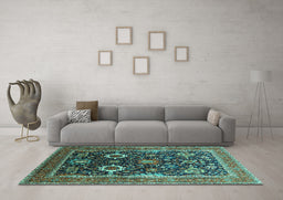 Machine Washable Oriental Turquoise Industrial Area Rugs in a Living Room,, wshurb1803turq