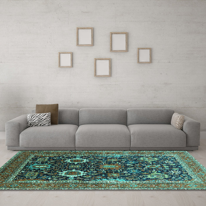 Machine Washable Oriental Turquoise Industrial Area Rugs in a Living Room,, wshurb1803turq