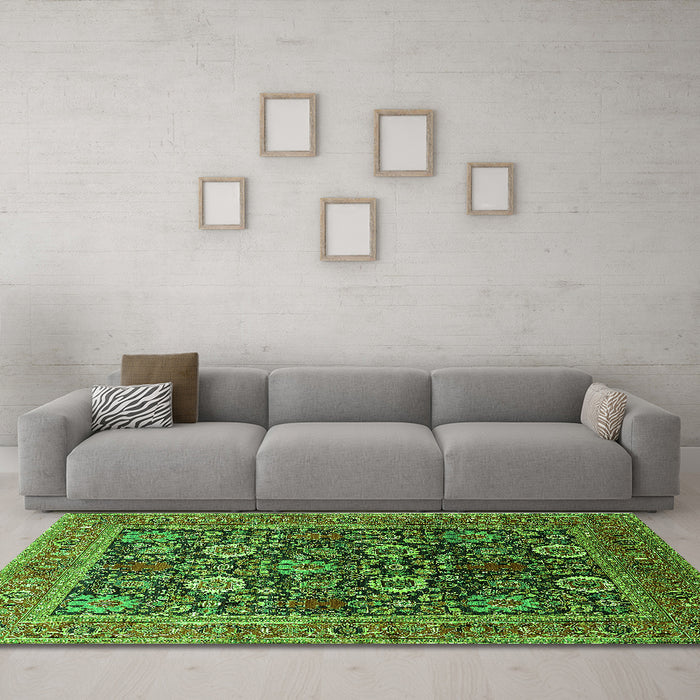 Machine Washable Oriental Green Industrial Area Rugs in a Living Room,, wshurb1804grn
