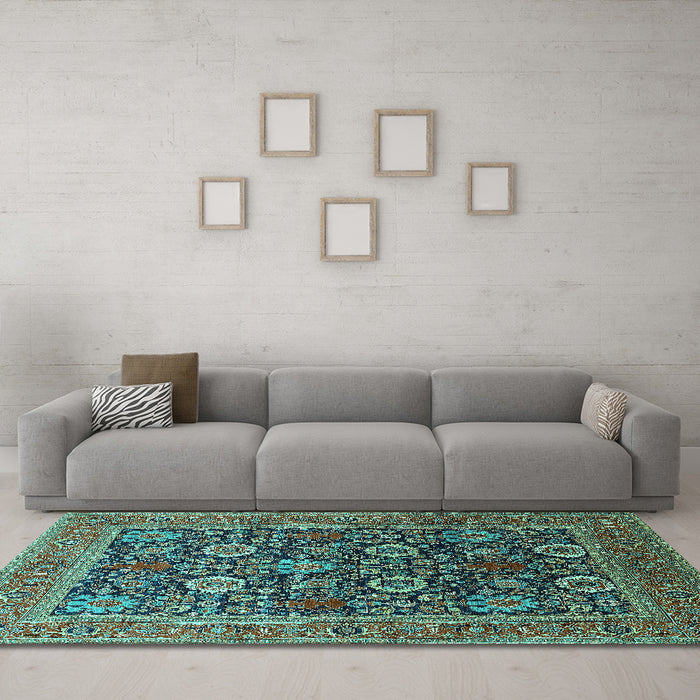 Machine Washable Oriental Turquoise Industrial Area Rugs in a Living Room,, wshurb1804turq