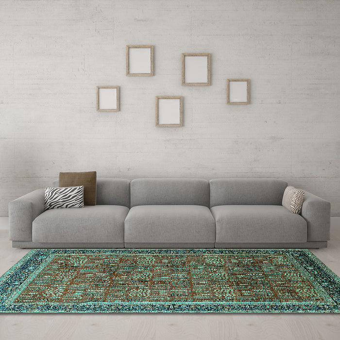 Machine Washable Oriental Turquoise Industrial Area Rugs in a Living Room,, wshurb1805turq
