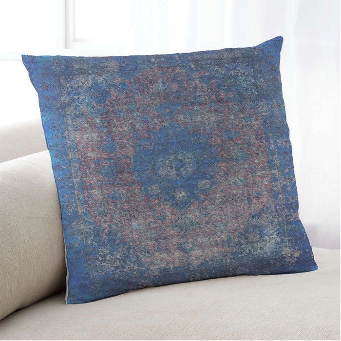 Lifestyle Image of Mid-Century Modern Urban Square Silk Blue Throw Pillow, 18 inch by 18 inch, pwurb1821