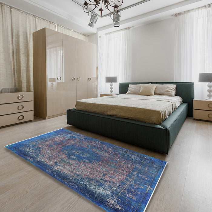 Machine Washable Industrial Modern Silk Blue Rug in a Bedroom, wshurb1821