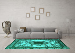 Machine Washable Oriental Turquoise Industrial Area Rugs in a Living Room,, wshurb1823turq