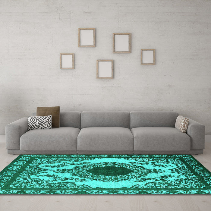 Machine Washable Oriental Turquoise Industrial Area Rugs in a Living Room,, wshurb1823turq