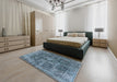 Mid-Century Modern Koi Blue Oriental Rug in a Bedroom, urb1829