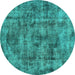 Round Machine Washable Oriental Turquoise Industrial Area Rugs, wshurb1841turq