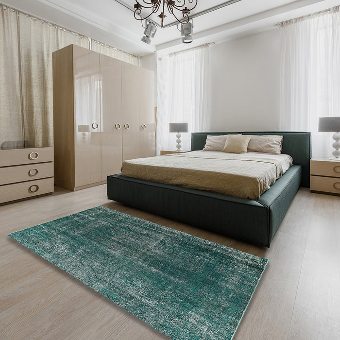 Mid-Century Modern Sea Green Oriental Rug in a Bedroom, urb1879