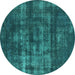 Round Machine Washable Oriental Turquoise Industrial Area Rugs, wshurb1885turq