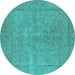 Round Machine Washable Oriental Turquoise Industrial Area Rugs, wshurb1907turq
