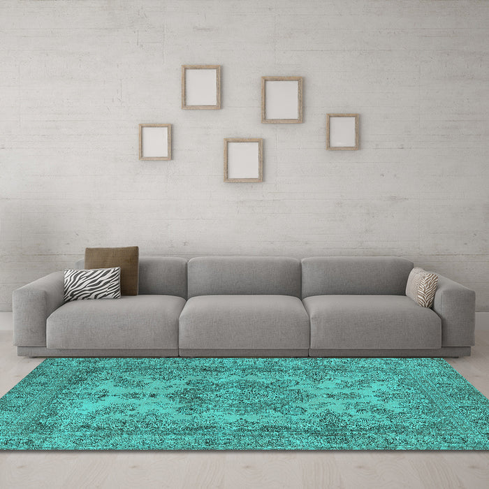 Machine Washable Oriental Turquoise Industrial Area Rugs in a Living Room,, wshurb1918turq