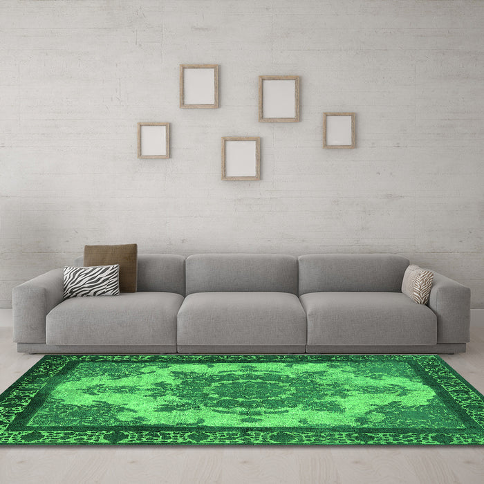 Machine Washable Oriental Green Industrial Area Rugs in a Living Room,, wshurb1927grn