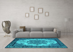 Machine Washable Oriental Turquoise Industrial Area Rugs in a Living Room,, wshurb1927turq