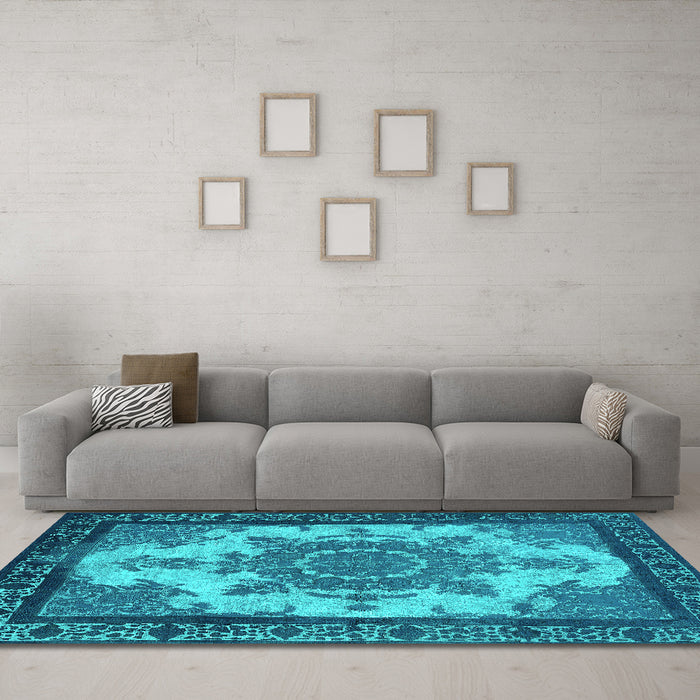 Machine Washable Oriental Turquoise Industrial Area Rugs in a Living Room,, wshurb1927turq