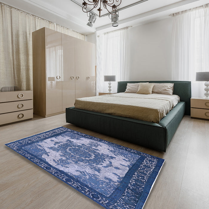 Machine Washable Industrial Modern Sapphire Blue Rug in a Bedroom, wshurb1927
