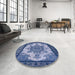 Round Machine Washable Industrial Modern Sapphire Blue Rug in a Office, wshurb1927